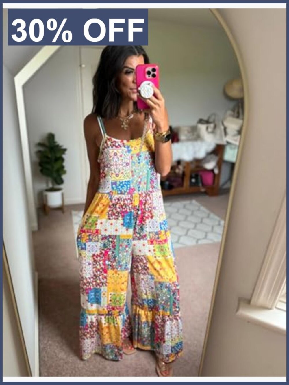 Boho Floral Patchwork Wide Leg Overalls - Sleeveless Romper with Pockets - Picture 6 of 7